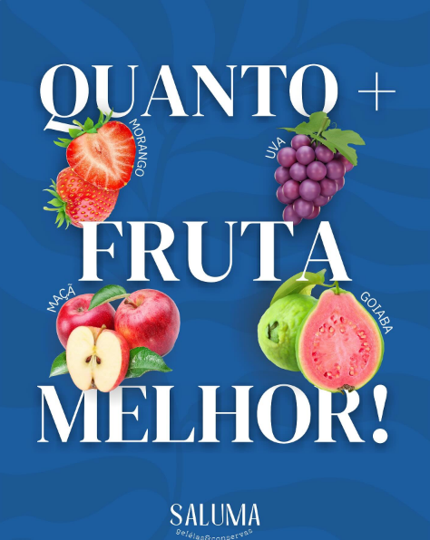 Arte com a frase quanto mais fruta, melhor. Recorte provisório em baixa resolução.